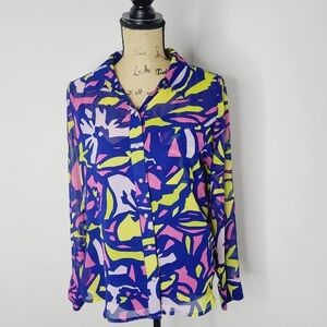 Neon Colorful Geometric Liz Claiborne Blouse Medium Career Semi Sheer